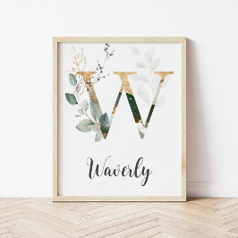 W Brev Monogram Greenery Nursery Namn Wall Skriv u Poster
