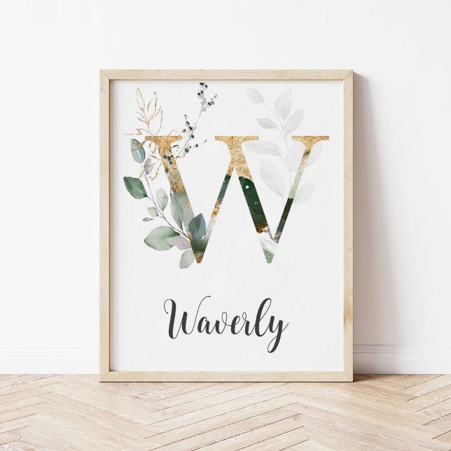 W Brev Monogram Greenery Nursery Namn Wall Skriv u Poster (Skapare uppladdad)