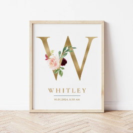W Brev Monogram Namn Marsala Blommigt Nursery Poster