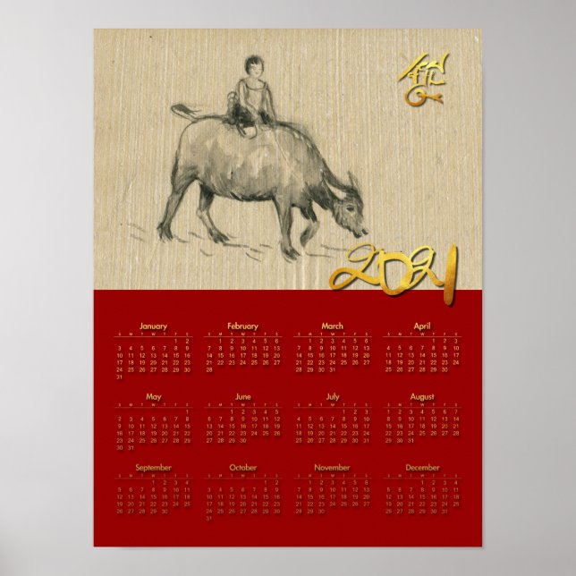 W Buffalo Child kinesiska Oxen År 2021 Kalender P Poster (Framsidan)