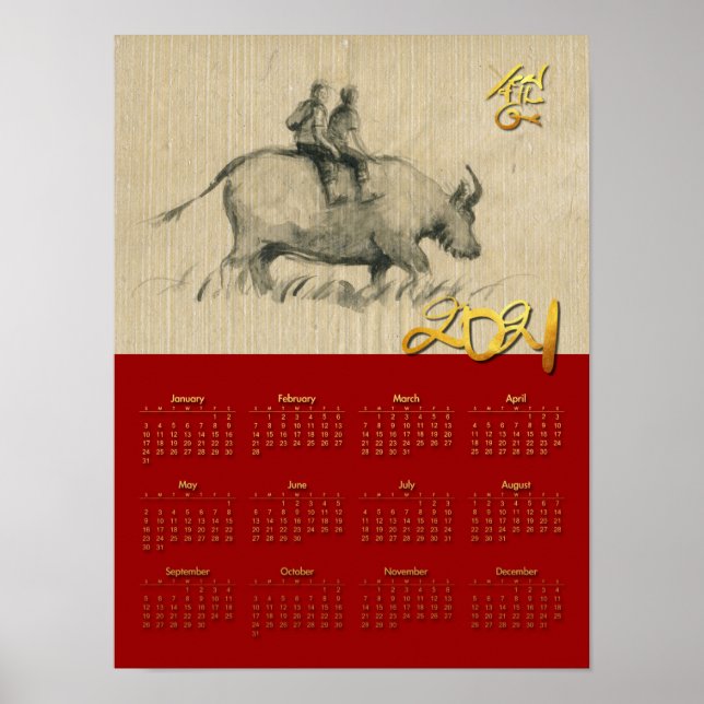 W Buffalo Children Chinese Ox Year 2021 Calendar P Poster (Framsidan)