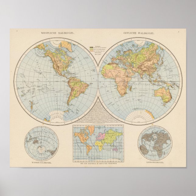 W, E Halbkugel World Map Poster (Framsidan)