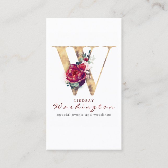 W Monogram Burgundy Red Flowers och Guld Glitter Visitkort (Framsida)