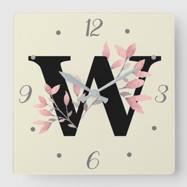 W-monogram med rosa blommotiv fyrkantig klocka (Framsida)