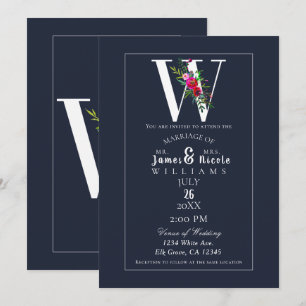W Monogram Sista Initial Modern Blå Blommig Bröllo Inbjudningar