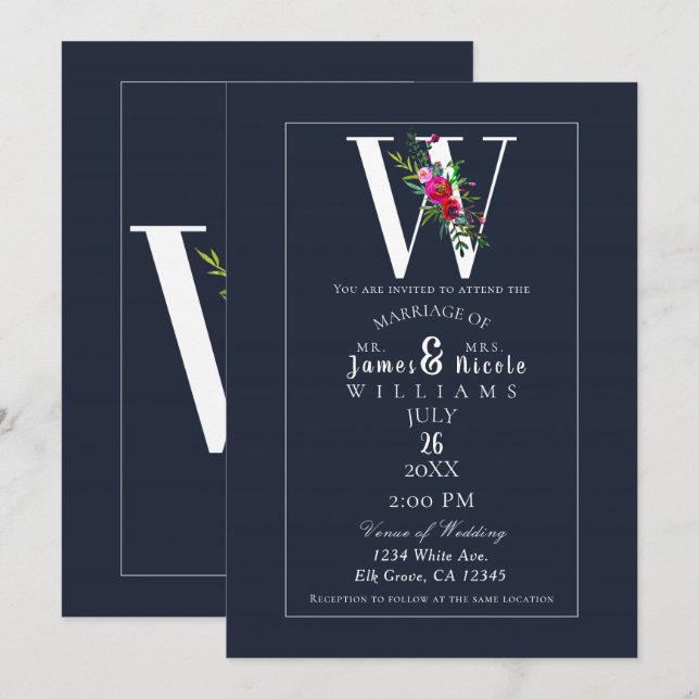 W Monogram Sista Initial Modern Blå Blommig Bröllo Inbjudningar (Fram/baksida)