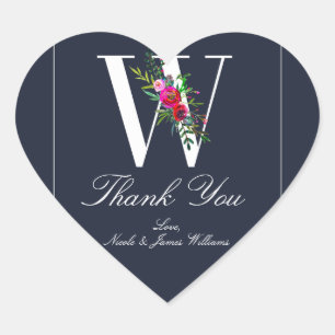 W-monogram Sista initial moderna blå blomsterbröll Hjärtformat Klistermärke