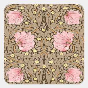W Morris Pimpernel Mönster vid Rosa och Sepia Fyrkantigt Klistermärke