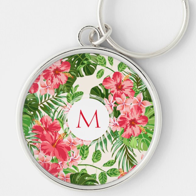 W Personlig Hibiscus Flower Monogram R Keychain Rund Silverfärgad Nyckelring (Framsidan)
