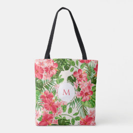 W Personlig Hibiscus Flower Monogram Tote Bag Tygkasse