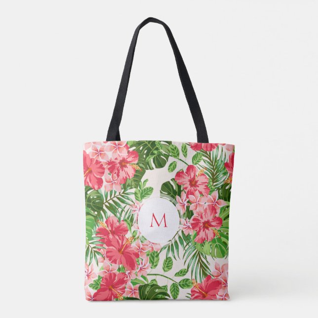 W Personlig Hibiscus Flower Monogram Tote Bag Tygkasse (Baksida)