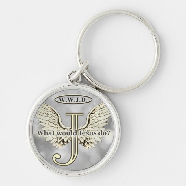W.W.J.D What would Jesus do? Keychain Rund Silverfärgad Nyckelring (Framsidan)