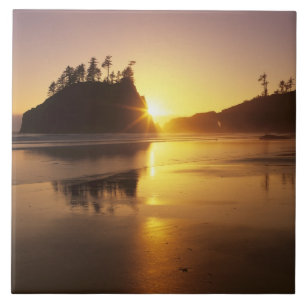 WA, Olympic NP, Second Beach vid solnedgång Kakelplatta
