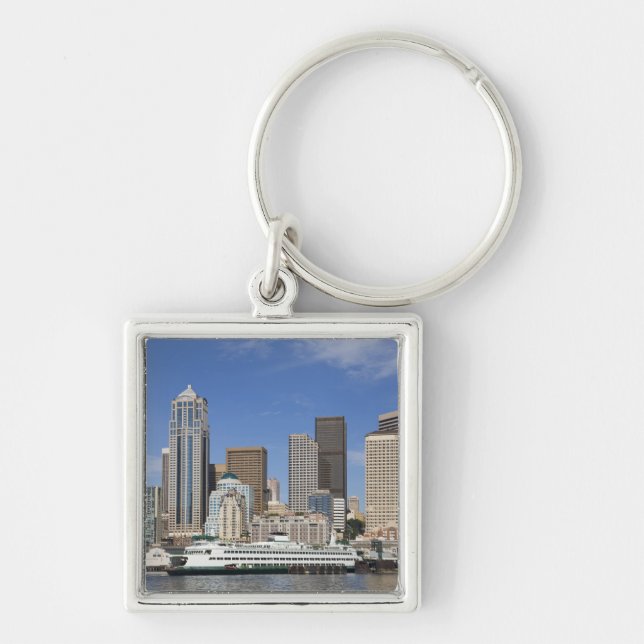 WA, Seattle, Seattle stadsbild med färja Fyrkantig Silverfärgad Nyckelring (Framsidan)