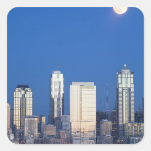 WA, Seattle, Seattle stadsbild och Elliott Bay 4 Fyrkantigt Klistermärke