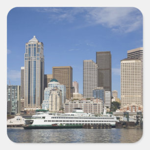 WA, Seattle, Seattleutsikt med färja Fyrkantigt Klistermärke