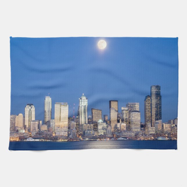 WA, Seattle, Seattleutsikt och Elliott Bay 3 Kökshandduk (Horisontell)