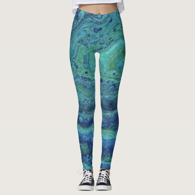 Wabash 3 Cool Blue Green Abstrakt Leggings (Framsida)