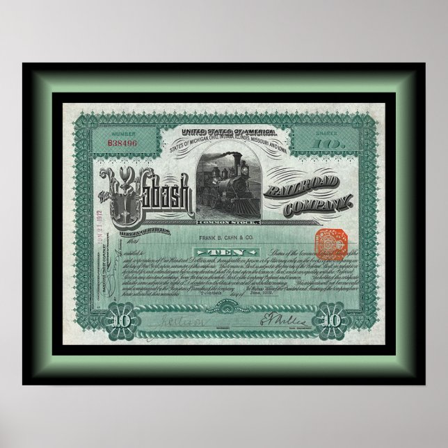 Wabash Railroad Company Lagrar Certificate ~ 1912 Poster (Framsidan)