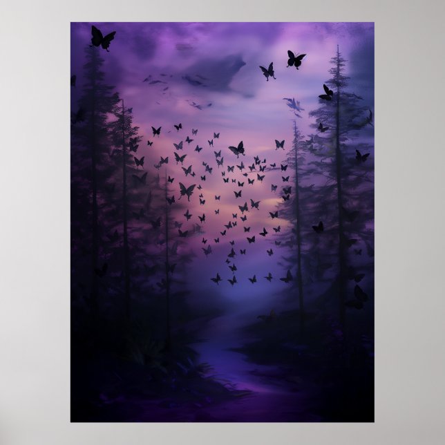 Wabi Sabi Black Butterflies Lila Forest Abstrakt Poster (Framsidan)