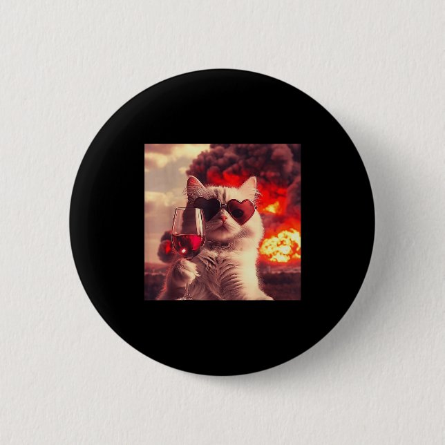 Wacky Cat Holding Wine Selfi With Fire Funny Sungl Knapp (Framsida)