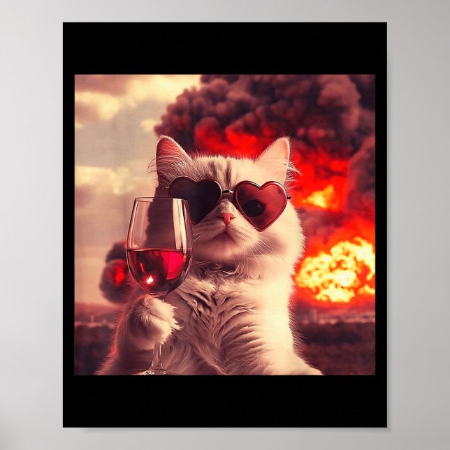 Wacky Cat Holding Wine Selfi With Fire Funny Sungl Poster (Framsidan)