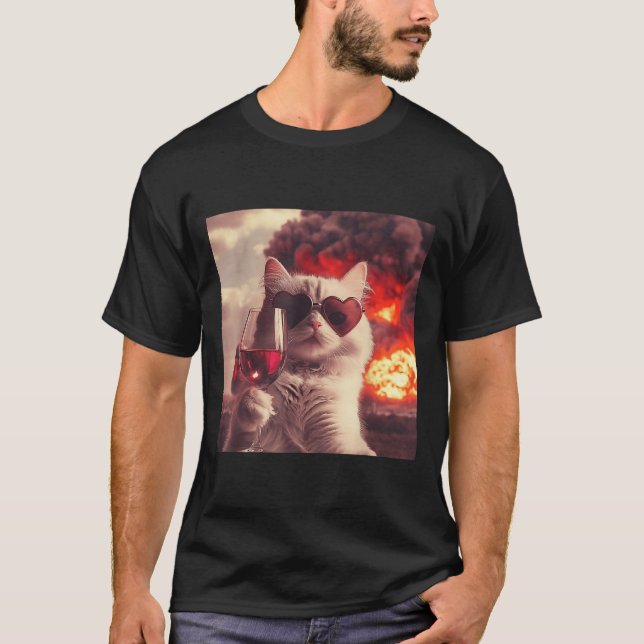 Wacky Cat Holding Wine Selfi With Fire Funny Sungl T Shirt (Framsida)