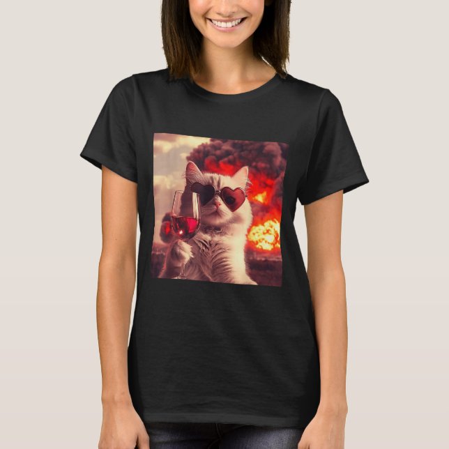 Wacky Cat Holding Wine Selfi With Fire Funny Sungl T Shirt (Framsida)