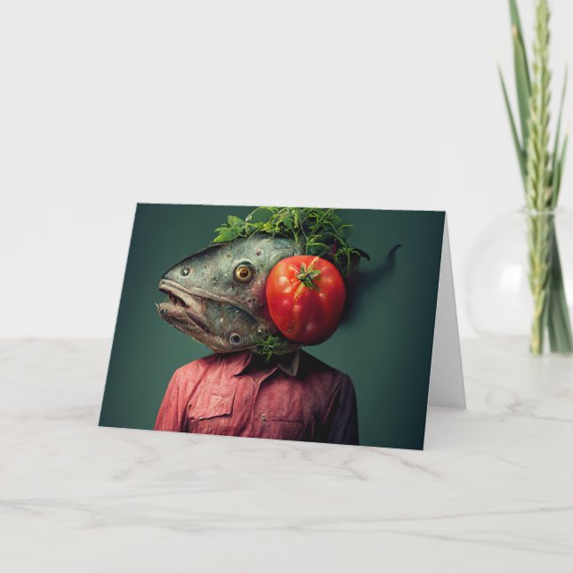 Wacky Fish Head Man med Tomato Tillfällen Kort (Framsida)