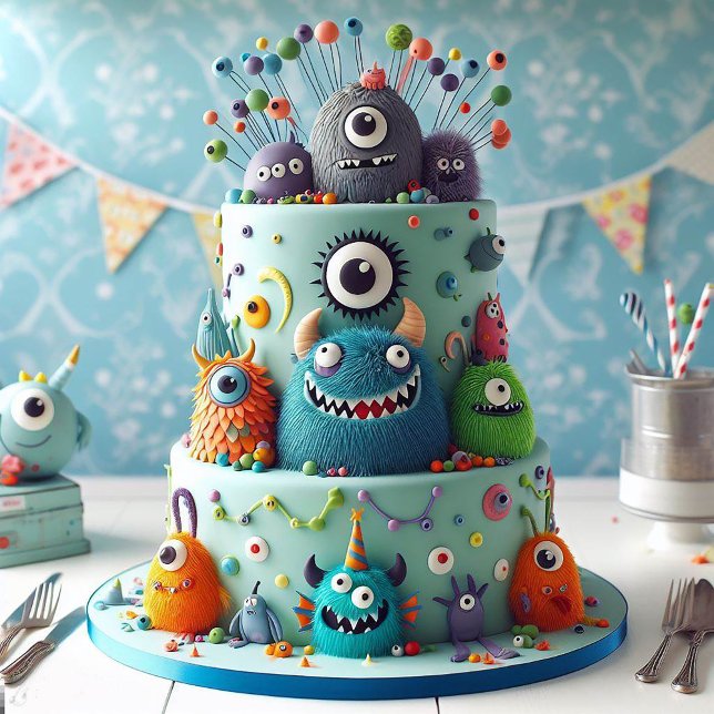 WACKY MONSTERS DECORATED BARNS FÖDELSEDAG CAKE KORT (Skapare uppladdad)