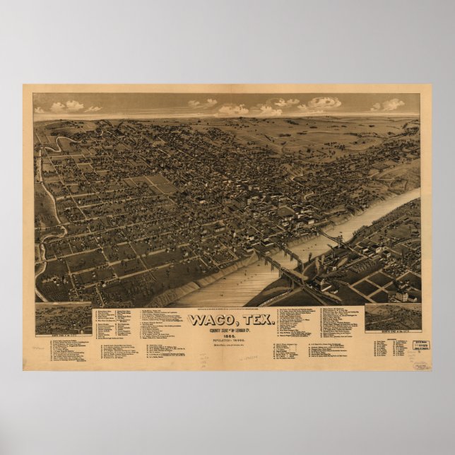Waco Texas 1886 Antique Panoramic Karta Poster (Framsidan)