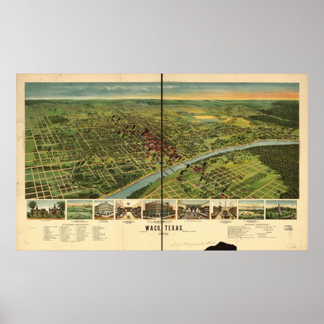 Waco Texas 1892 Antique Panoramic Karta Poster (Framsidan)
