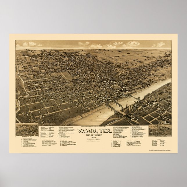 Waco, TX Panoramic Karta - 1886 Poster (Framsidan)