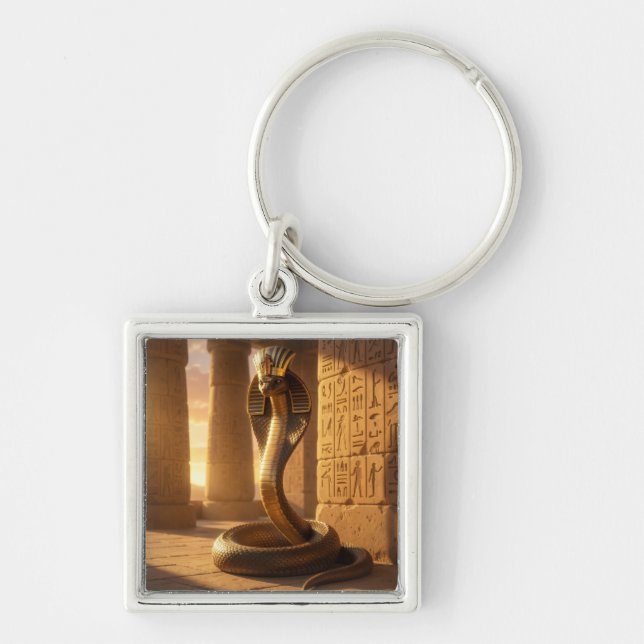 Wadjet – Egyptian Cobra Goddess´6 Fyrkantig Silverfärgad Nyckelring (Framsidan)