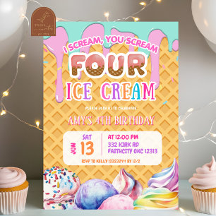 Waffle Background Dripping Rosa Ice Cream Birthday Inbjudningar