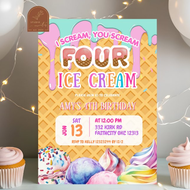 Waffle Background Dripping Rosa Ice Cream Birthday Inbjudningar (Skapare uppladdad)