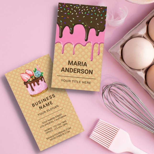 Waffle Rosa Frosting Droppande Bakverk Konditori Visitkort (Skapare uppladdad)