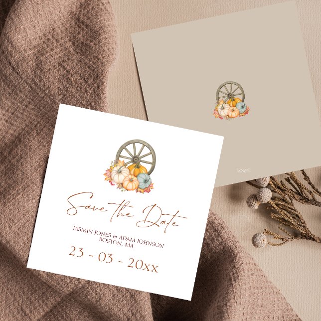 Wagon Wheel Rustic Hösten Bröllop spara datum Datumet (Rustic Autumn Fall Harvest Pumpkins Wedding Save The Date)