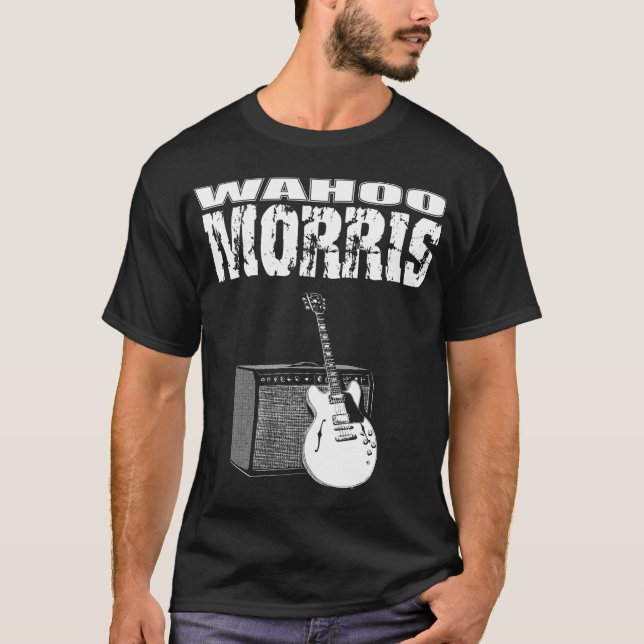 Wahoo Morris T, vit på svart: Gitarr & ampere Tee (Framsida)