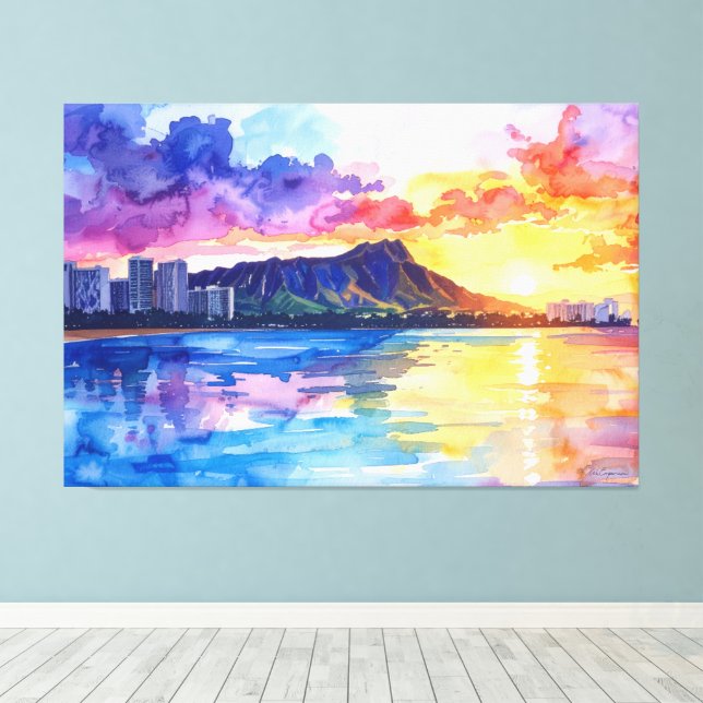 Waikiki and Diamond head Oahu painting Canvastryck (Insitu (trägolv))
