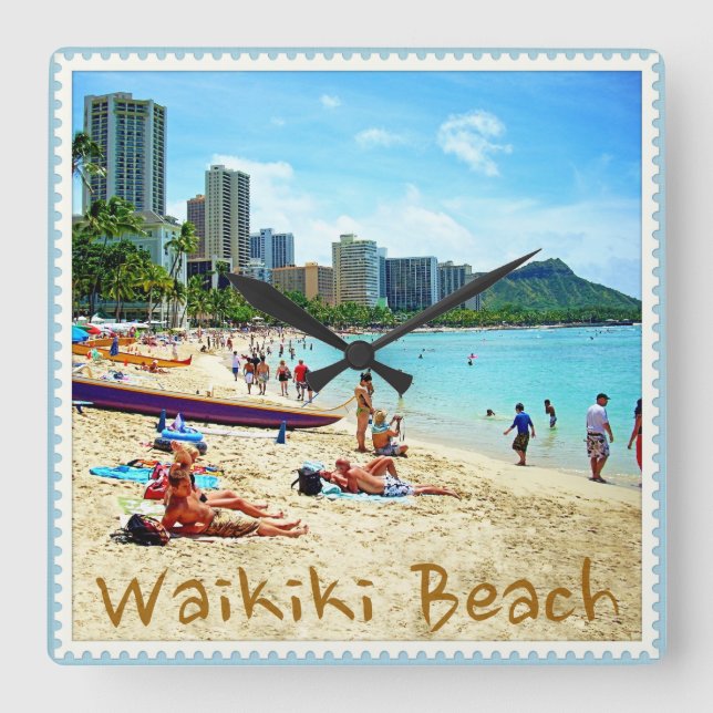Waikiki Beach Clock Fyrkantig Klocka (Framsida)