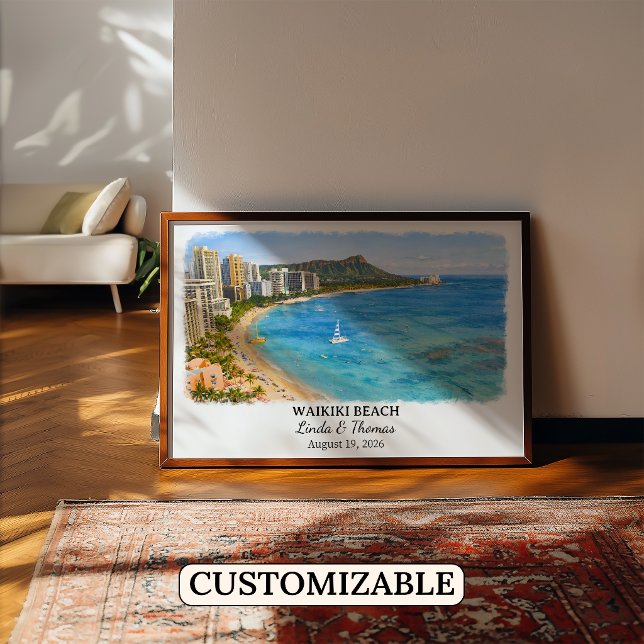Waikiki Beach Hawaii Affisch, Akvarell, Honolulu Poster (Skapare uppladdad)