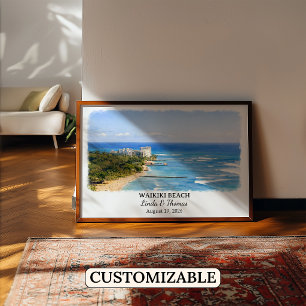 Waikiki Beach Hawaii Affisch, Akvarell, Honolulu Poster