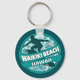 Waikiki Beach Hawaii teal surfer logotyp nyckelked Nyckelring
