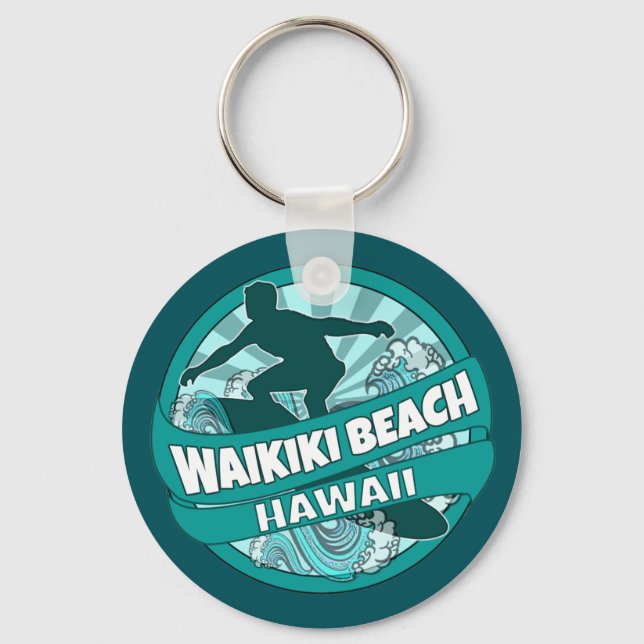 Waikiki Beach Hawaii teal surfer logotyp nyckelked Nyckelring (Framsida)