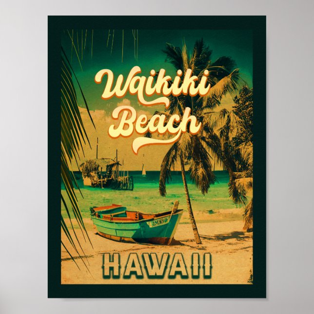 Waikiki Beach Hawaii Vintage Handflatan Träd Souve Poster (Framsidan)