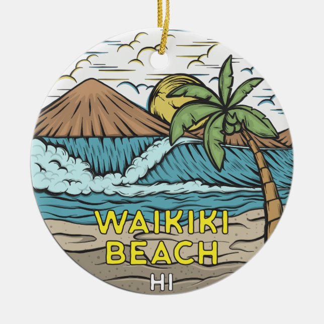 Waikiki Beach Hawaii Vintage Julgransprydnad Keramik (Framsidan)