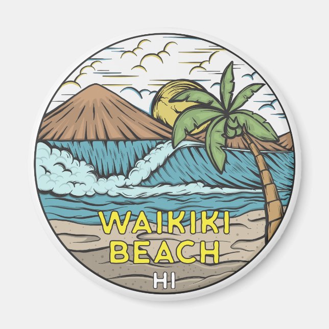 Waikiki Beach Hawaii Vintage Magnet (Framsidan)