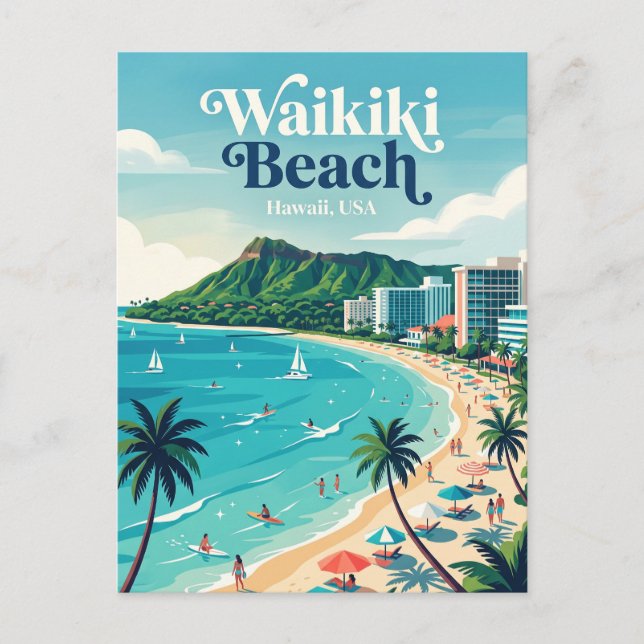Waikiki Beach Hawaii Vykort (Framsida)