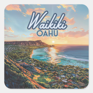 Waikiki Beach Honolulu Oahu Hawaii Retro Fyrkantigt Klistermärke